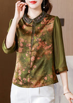 Fitted Green Peter Pan Collar Print Silk Blouse Tops Bracelet Sleeve