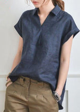 Load image into Gallery viewer, Fitted Navy V Neck Low High Design Linen Shirt Top Short Sleeve