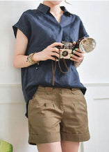 Load image into Gallery viewer, Fitted Navy V Neck Low High Design Linen Shirt Top Short Sleeve