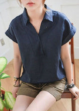 Load image into Gallery viewer, Fitted Navy V Neck Low High Design Linen Shirt Top Short Sleeve