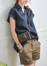 Load image into Gallery viewer, Fitted Navy V Neck Low High Design Linen Shirt Top Short Sleeve