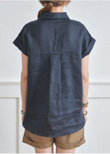 Load image into Gallery viewer, Fitted Navy V Neck Low High Design Linen Shirt Top Short Sleeve