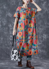 Load image into Gallery viewer, Fitted Orange Oversized Print Linen Maxi Dresses Summer
