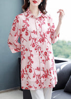 Fitted Pink Button Peter Pan Collar Print Long Chiffon Blouse Top Half Sleeve