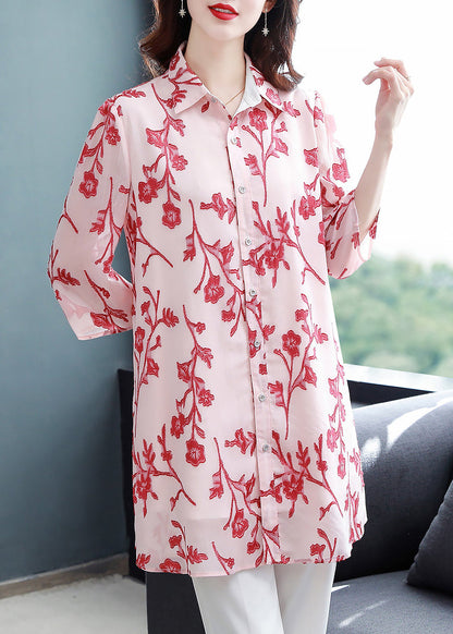 Fitted Pink Button Peter Pan Collar Print Long Chiffon Blouse Top Half Sleeve