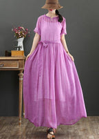 Fitted Pink Purple Bow O-Neck Summer Linen Dress