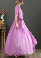 Fitted Pink Purple Bow O-Neck Summer Linen Dress