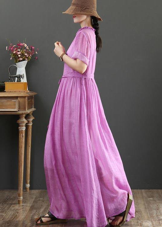 Fitted Pink Purple Bow O-Neck Summer Linen Dress