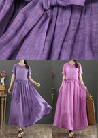Fitted Pink Purple Bow O-Neck Summer Linen Dress