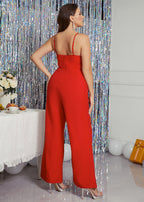 Fitted Red V Neck Patchwork Cold Shoulder Chiffon Jumpsuit Summer
