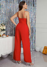 Load image into Gallery viewer, Fitted Red V Neck Patchwork Cold Shoulder Chiffon Jumpsuit Summer