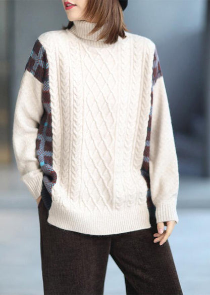 For Spring Spring White Sweaters Loose Fitting High Neck Patchwork Tops