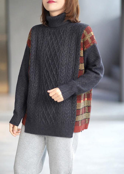 For Spring Spring White Sweaters Loose Fitting High Neck Patchwork Tops