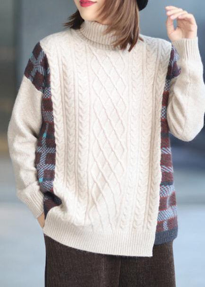 For Spring Spring White Sweaters Loose Fitting High Neck Patchwork Tops