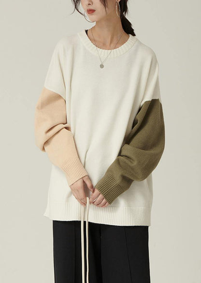 For Spring fall nude knitwear fall fashion o neck patchwork Blouse