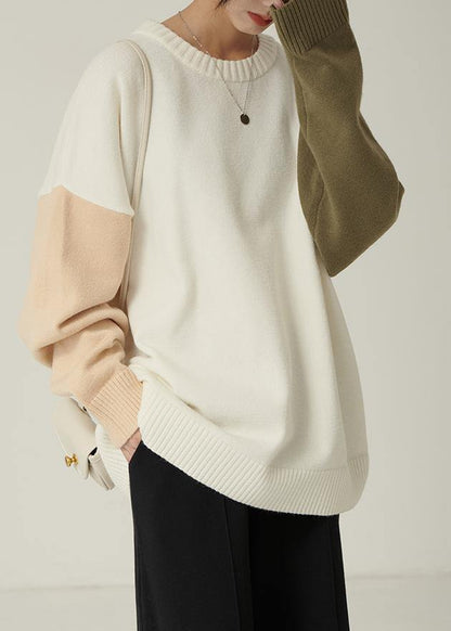 For Spring fall nude knitwear fall fashion o neck patchwork Blouse