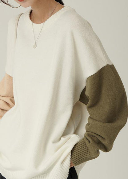 For Spring fall nude knitwear fall fashion o neck patchwork Blouse