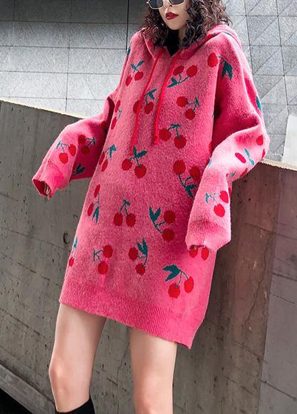 For Spring pink print Sweater weather fashion drawstring hooded knitted tops