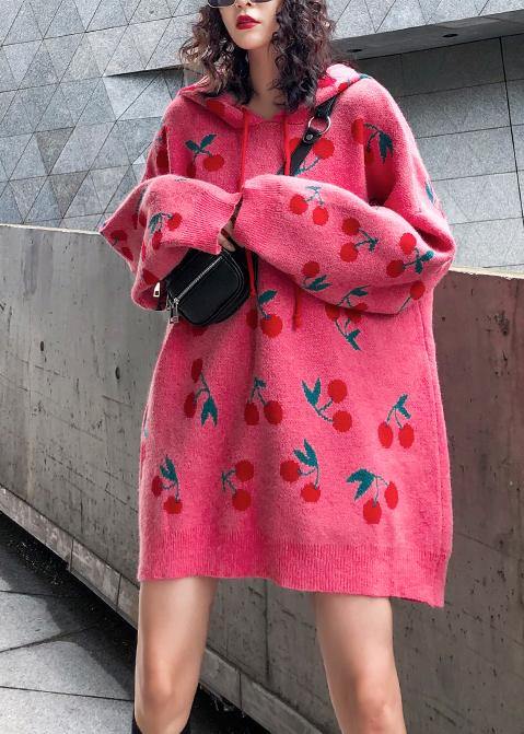 For Spring pink print Sweater weather fashion drawstring hooded knitted tops