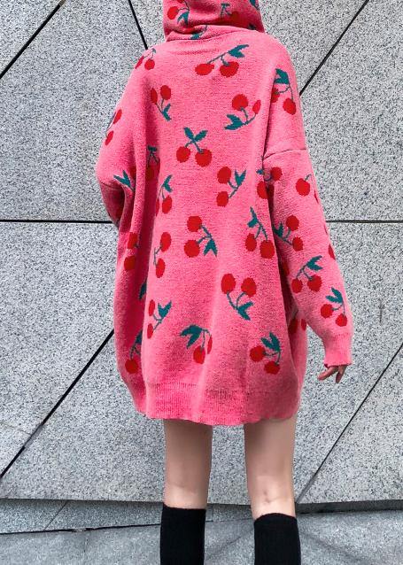 For Spring pink print Sweater weather fashion drawstring hooded knitted tops