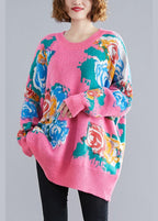 For Spring pink print sweaters plus size o neck knit top silhouette