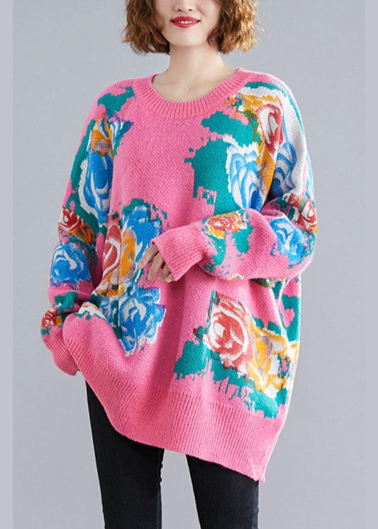 For Spring pink print sweaters plus size o neck knit top silhouette