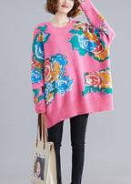 For Spring pink print sweaters plus size o neck knit top silhouette