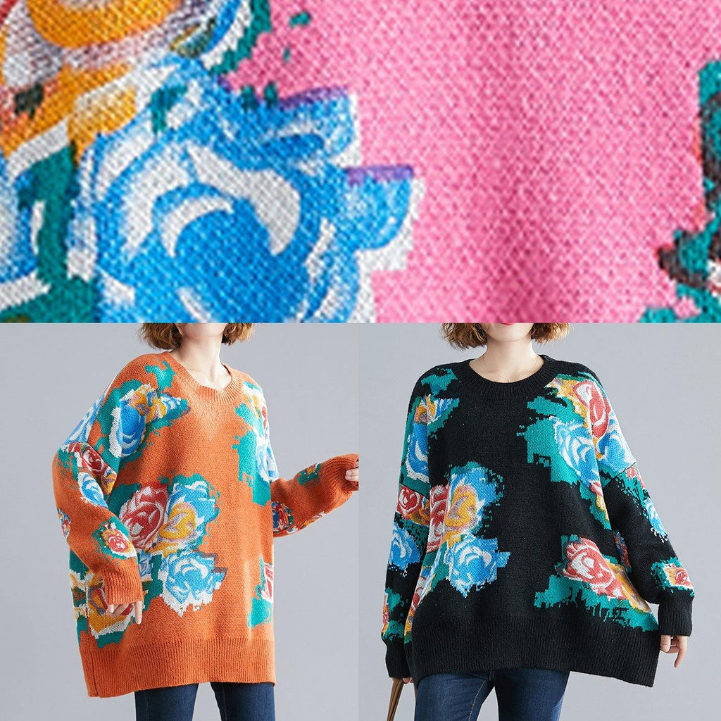 For Spring pink print sweaters plus size o neck knit top silhouette