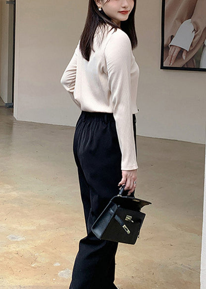 French Apricot Square Collar Button Patchwork Loose Cotton Top Fall