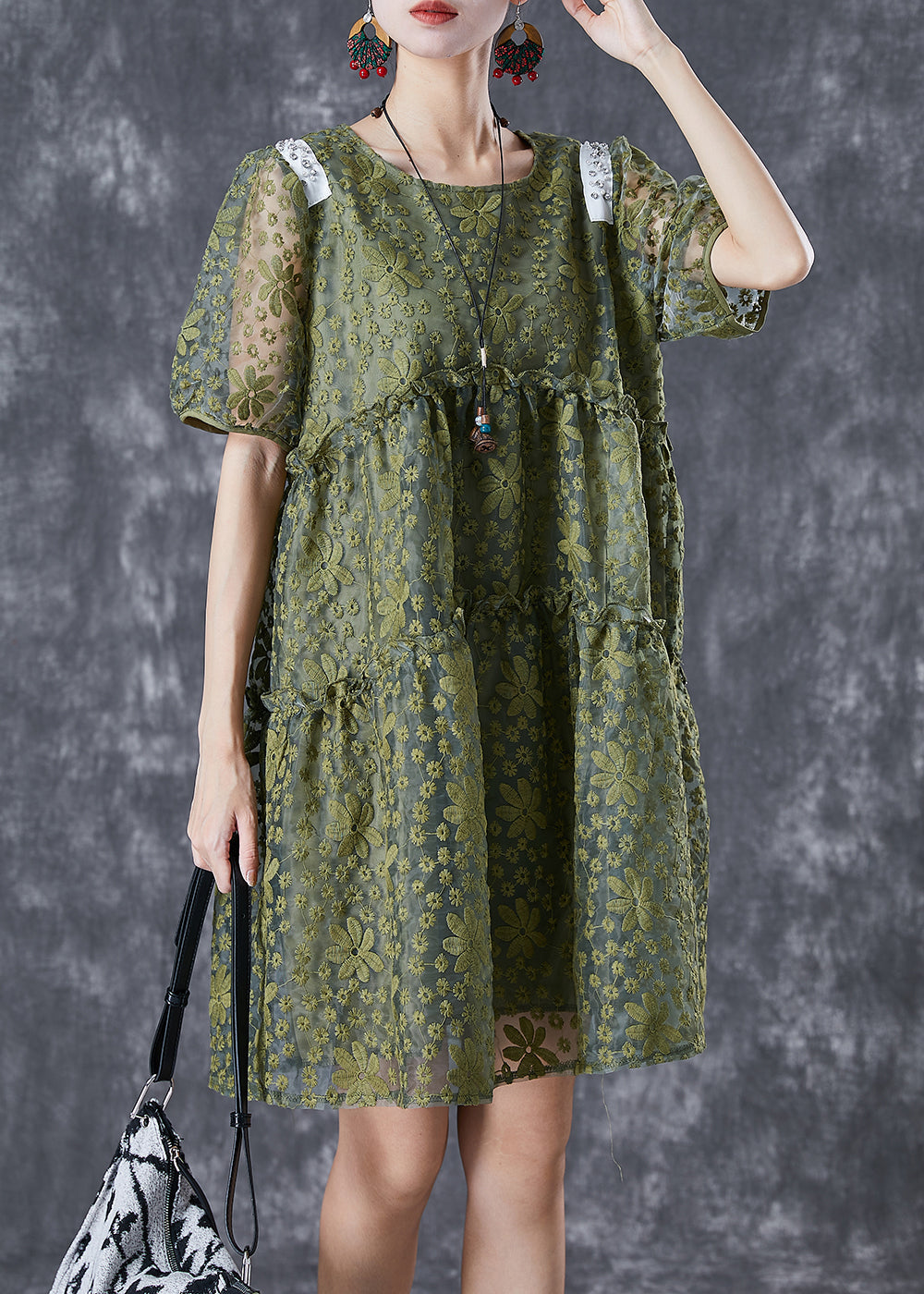 French Army Green Embroideried Ruffled Tulle Vacation Dresses Summer