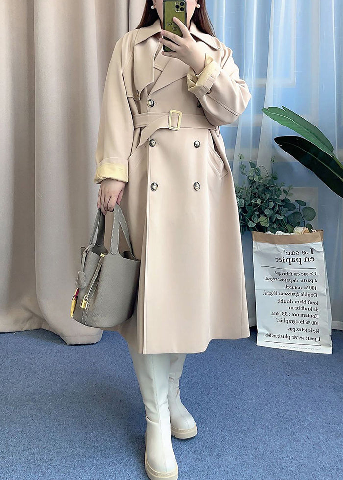 French Beige Double Breast Tie Waist Spandex Trench Fall