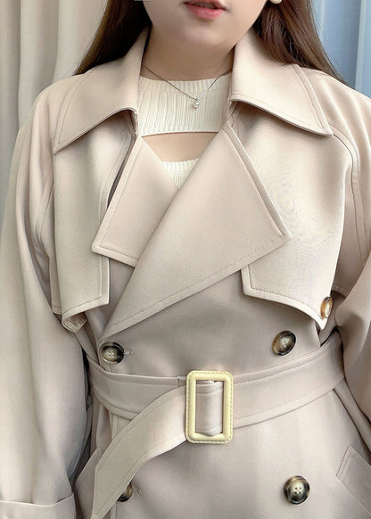 French Beige Double Breast Tie Waist Spandex Trench Fall