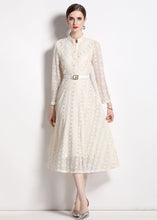 Load image into Gallery viewer, French Beige Stand Collar Embroideried Patchwork Lace Dresses Fall