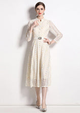 Load image into Gallery viewer, French Beige Stand Collar Embroideried Patchwork Lace Dresses Fall
