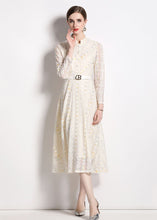 Load image into Gallery viewer, French Beige Stand Collar Embroideried Patchwork Lace Dresses Fall