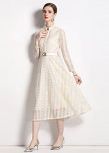 Load image into Gallery viewer, French Beige Stand Collar Embroideried Patchwork Lace Dresses Fall