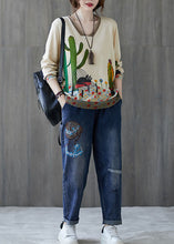 Load image into Gallery viewer, French Beige V Neck Loose Print Fall Casual Sweater