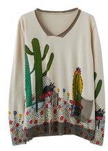 Load image into Gallery viewer, French Beige V Neck Loose Print Fall Casual Sweater