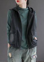 Load image into Gallery viewer, French Black Denim hooded Patchwork Fall Waistcoat Sleeveless