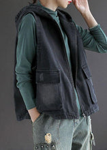 Load image into Gallery viewer, French Black Denim hooded Patchwork Fall Waistcoat Sleeveless