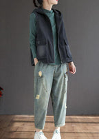 French Black Denim hooded Patchwork Fall Waistcoat Sleeveless