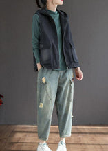 Load image into Gallery viewer, French Black Denim hooded Patchwork Fall Waistcoat Sleeveless