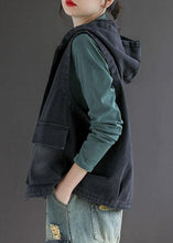 Load image into Gallery viewer, French Black Denim hooded Patchwork Fall Waistcoat Sleeveless