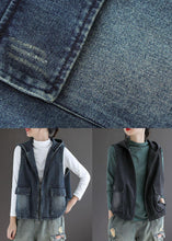 Load image into Gallery viewer, French Black Denim hooded Patchwork Fall Waistcoat Sleeveless