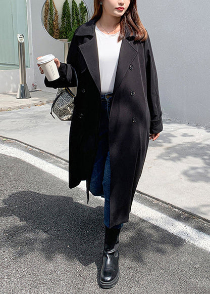 French Black Double Breast Tie Waist Spandex Trench Fall