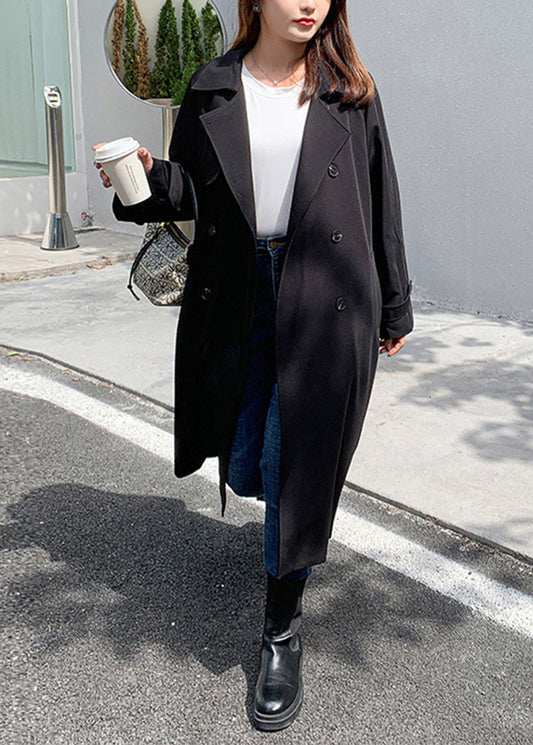 French Black Double Breast Tie Waist Spandex Trench Fall