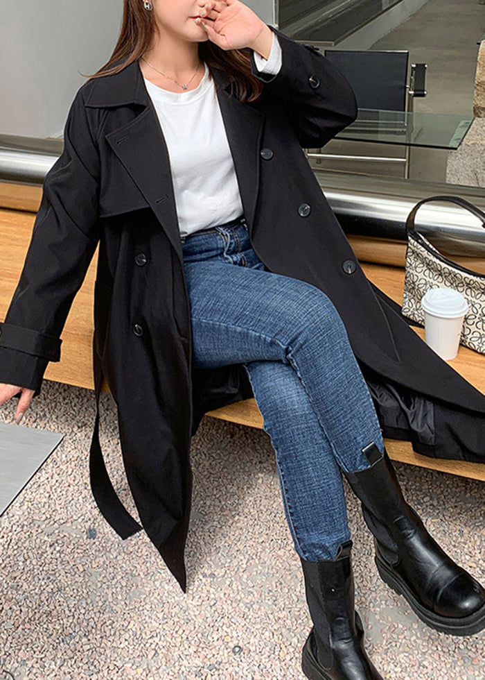 French Black Double Breast Tie Waist Spandex Trench Fall