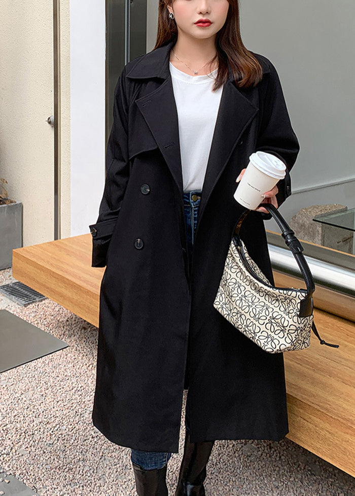 French Black Double Breast Tie Waist Spandex Trench Fall