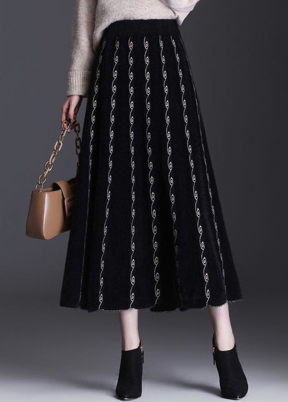 French Black Embroideried Mink Hair Knitted Skirt Winter