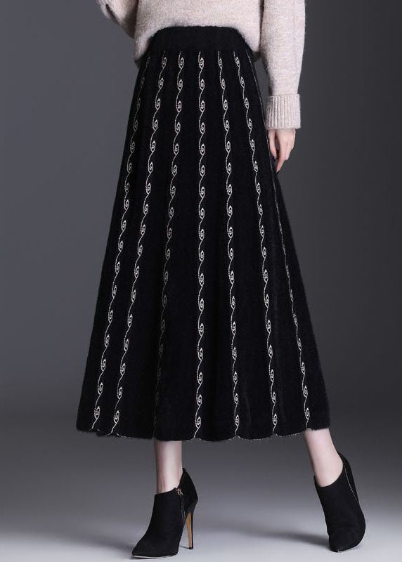 French Black Embroideried Mink Hair Knitted Skirt Winter
